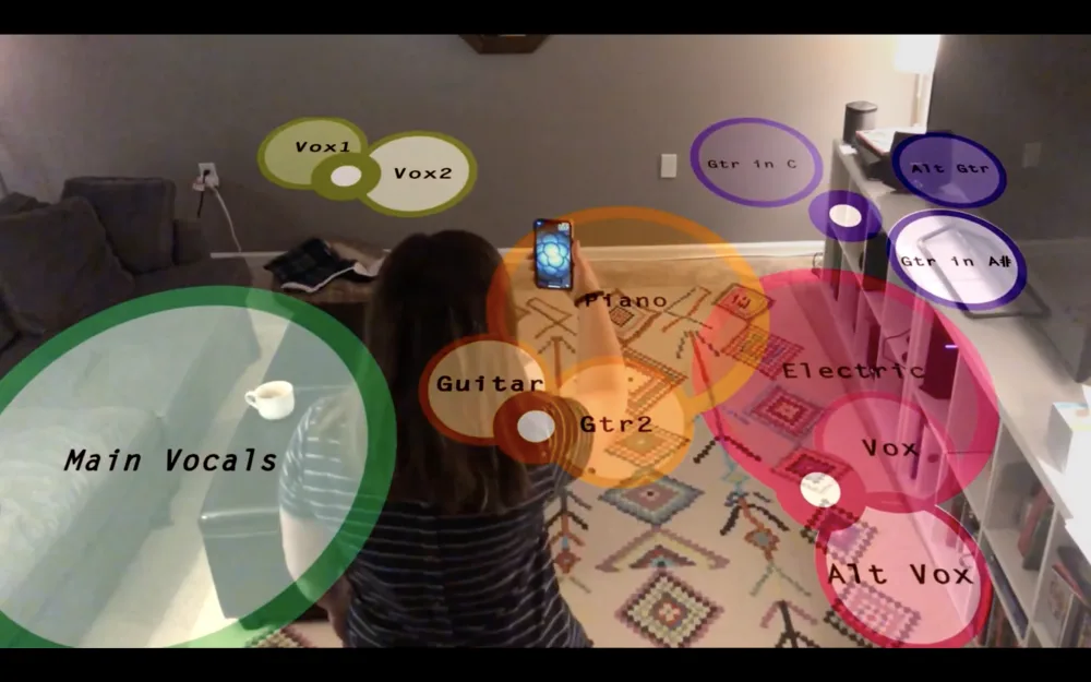 Year One augmented-reality album concept showing sound objects placed in a room